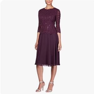 Alex Evenings Womens Size 12 Tea-Length Lace Mock Special Occasion Dress, Deep